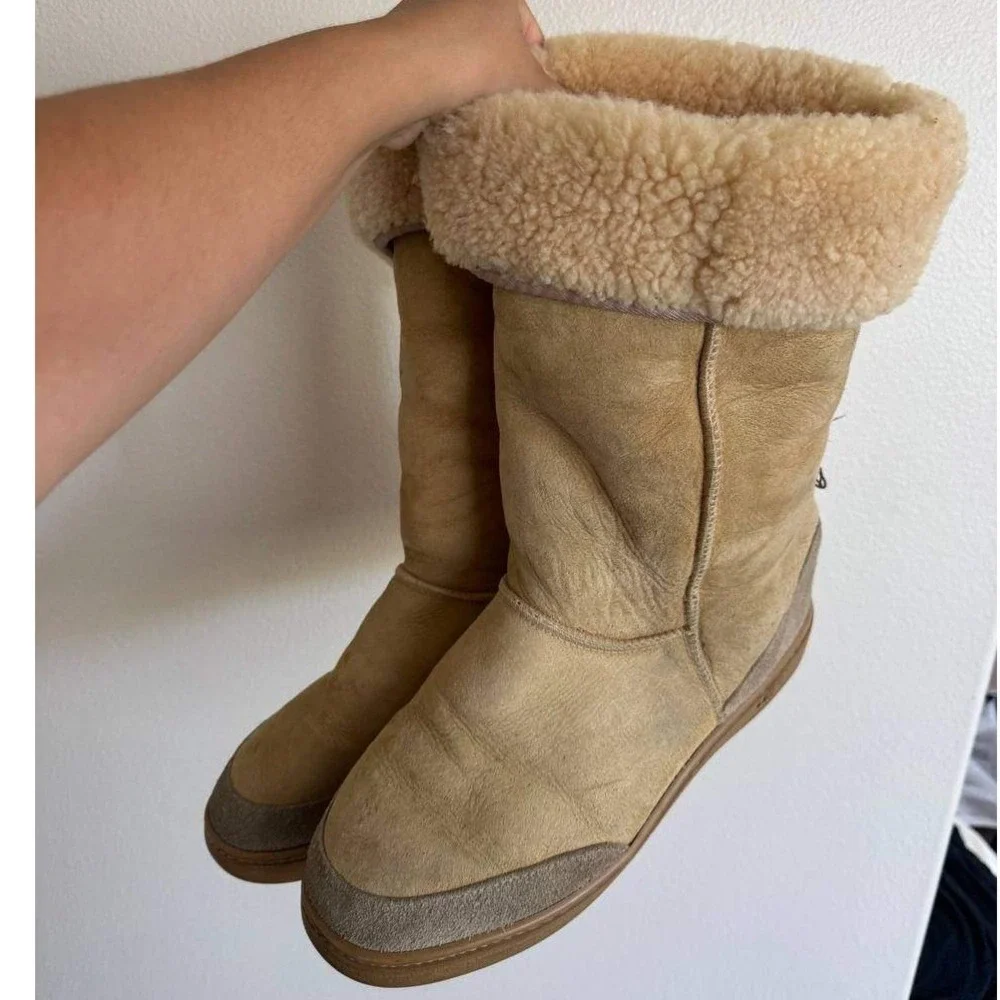 UGG Tall Sheepskin Shearling Fold Over Cuff Boots 13 Vintage Grunge Winter Ski